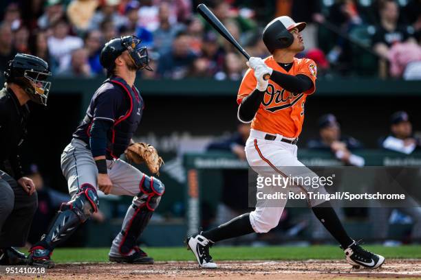 Luis Sardinas of the Baltimore Orioles bats during the game against the Cleveland Indians at Oriole Park at Camden Yards on Saturday, April 21, 2018...