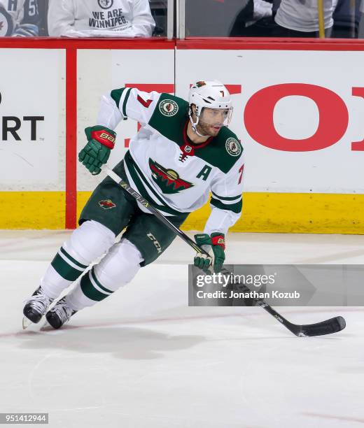 Matt Cullen of the Minnesota Wild follows the play up the ice during second period action against the Winnipeg Jets in Game Five of the Western...