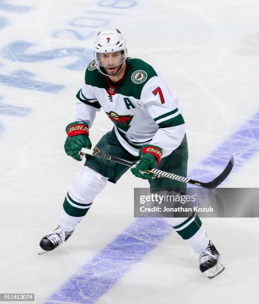 Matt Cullen of the Minnesota Wild keeps an eye on the play during second period action against the Winnipeg Jets in Game Five of the Western...