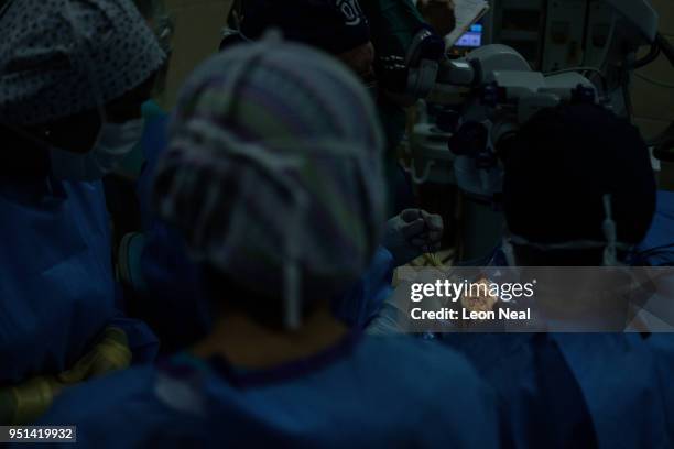 Corneal edema aphakia patient Jose, aged 87, undergoes surgery at the IRO on April 18, 2018 in Trujillo, Peru. Following a clinical screening day,...