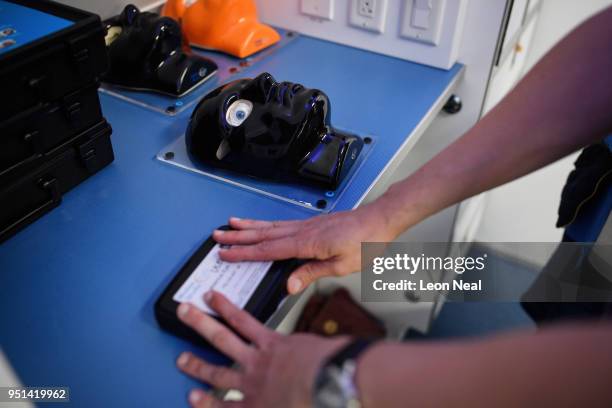 An anatomical head with "Tactile Synthetic Surgical Simulation Eyes" is seen on board the Orbis Flying Eye Hospital on April 17, 2018 in Trujillo,...