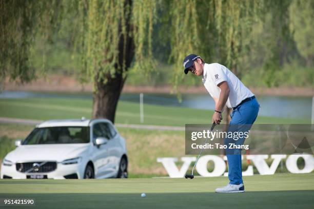 Bernd Wiesberger of Austria plays a shot during the first round of the 2018 Volvo China open at Beijing Huairou Topwin Golf and Country Club on April...