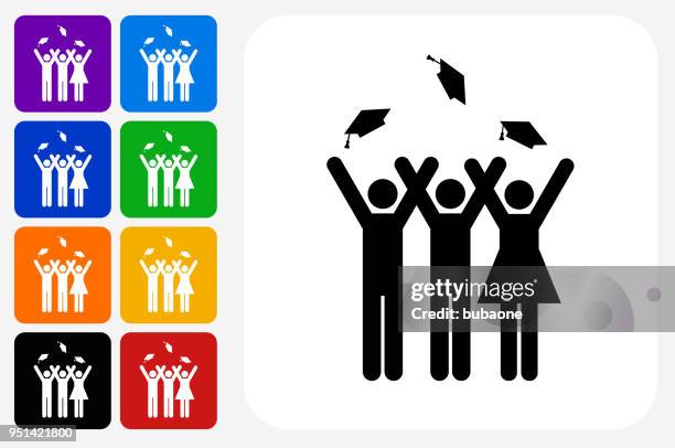 graduating stick figures icon square button set - multiple hats stock illustrations