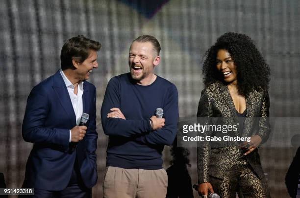 Actors Tom Cruise, Simon Pegg and actress Angela Bassett speak during the CinemaCon 2018 Paramount Pictures Presentation Highlighting Its Summer of...