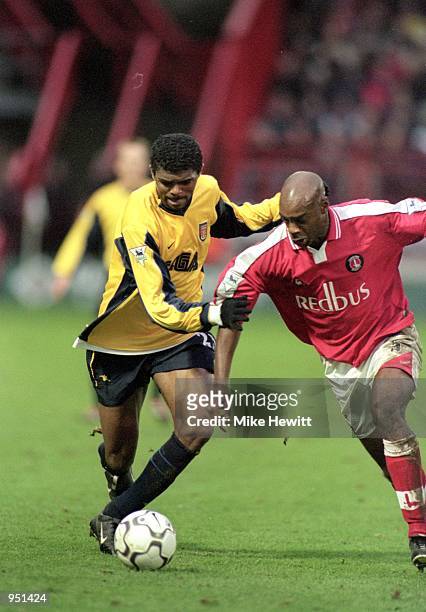 Richard Rufus of Charlton Athletic blocks Nwankwo Kanu of Arsenal during the FA Carling Premiership match played at The Valley, in London. Charlton...