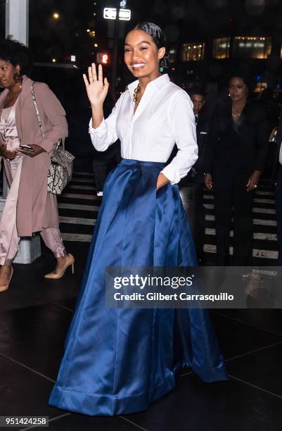 Actress Yara Shahidi is seen arriving to the Brooks Brothers Bicentennial Celebration at Jazz at Lincoln Center on April 25, 2018 in New York City.