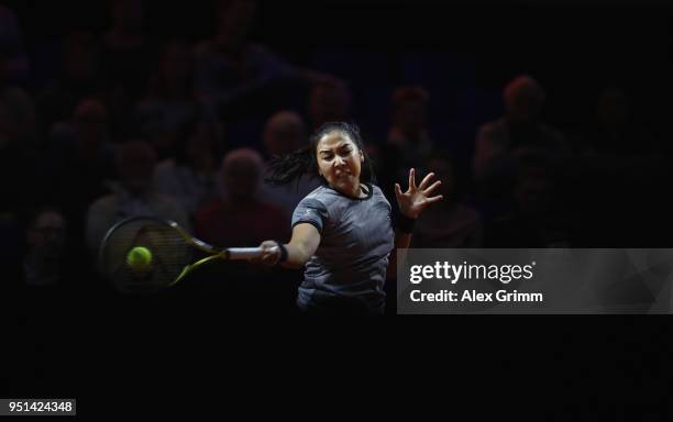 Zarina Diyas of Kazakhstan plays a forehand to Jelena Ostapenko of Latvia during day 4 of the Porsche Tennis Grand Prix at Porsche-Arena on April 26,...