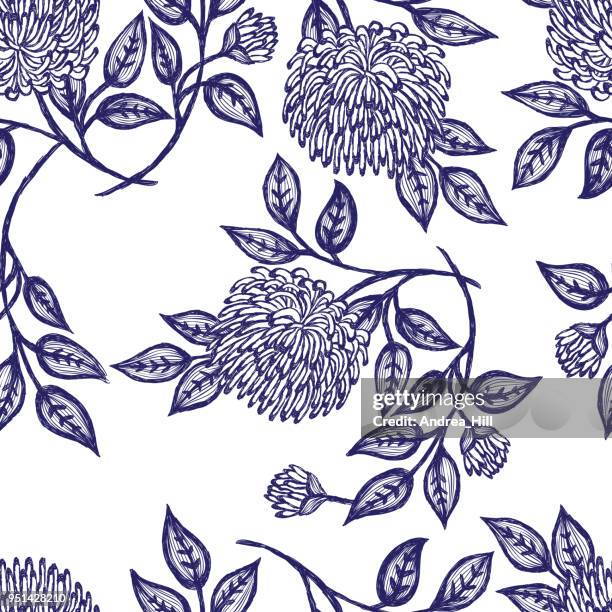 dalhia seamless vector pattern - ink drawing with  texture - chrysanthemum illustration stock illustrations