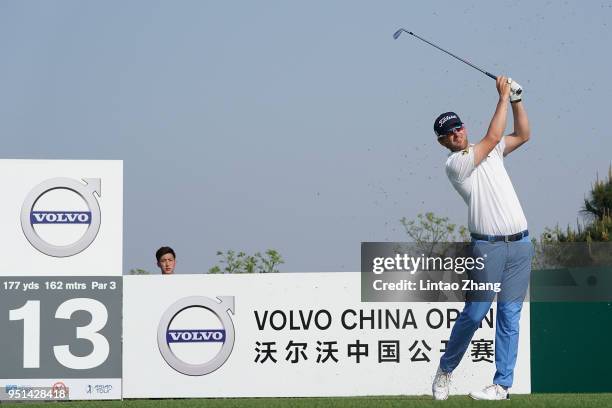 Bernd Wiesberger of Austria plays a shot during the first round of the 2018 Volvo China Open at Topwin Golf and Country Club on April 26, 2018 in...