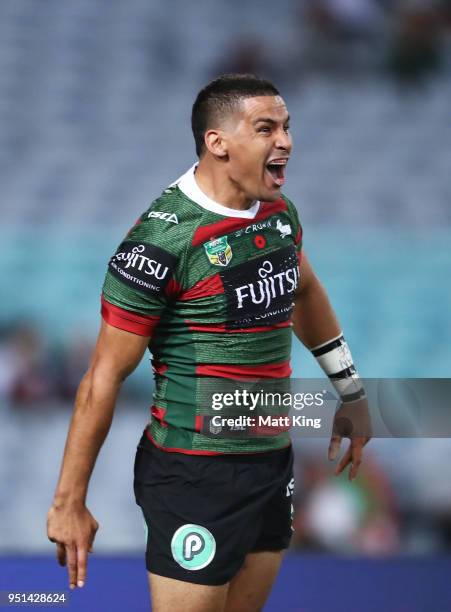 Cody Walker of the Rabbitohs celebrates scoring a try in the NRL round eight match between the South Sydney Rabbitohs and the Brisbane Broncos at ANZ...