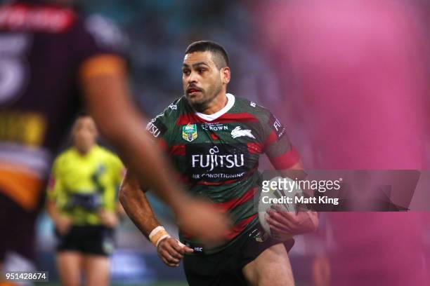 Greg Inglis of the Rabbitohs runs with the ball in the NRL round eight match between the South Sydney Rabbitohs and the Brisbane Broncos at ANZ...