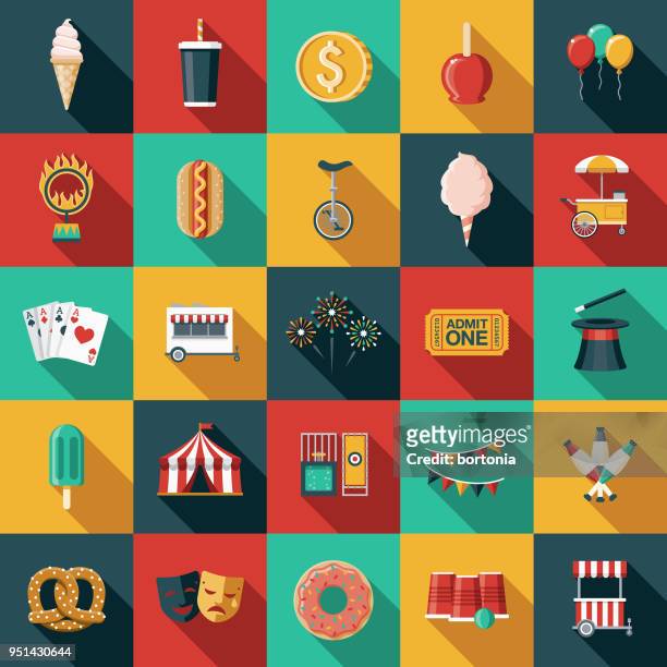 carnival flat design icon set with side shadow - leisure games stock illustrations