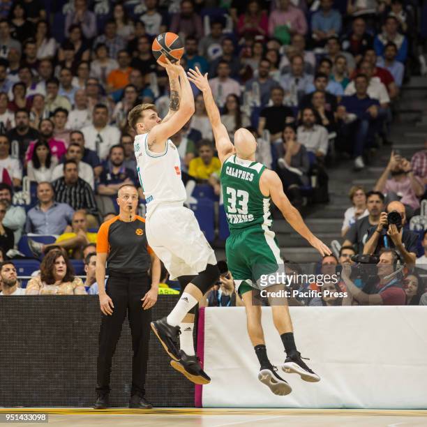Luka Doncic during Real Madrid victory over Panathinaikos Athens in Turkish Airlines Euroleague playoff series celebrated at Wizink Center in Madrid .