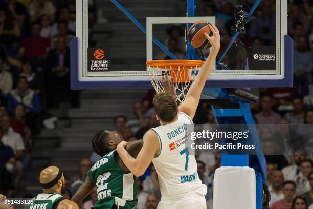 Luka Doncic during Real Madrid victory over Panathinaikos Athens in Turkish Airlines Euroleague playoff series celebrated at Wizink Center in Madrid .