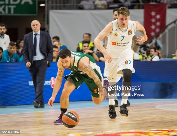 Mike James and Luka Doncic uring Real Madrid victory over Panathinaikos Athens in Turkish Airlines Euroleague playoff series celebrated at Wizink...