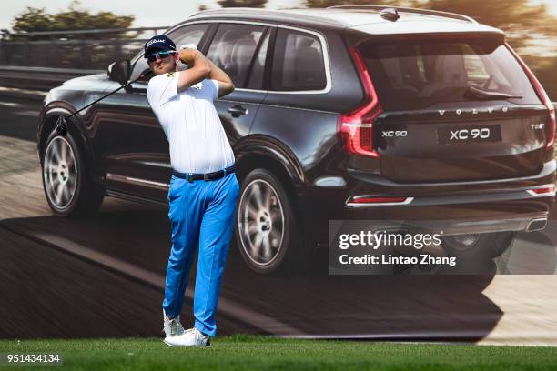 Bernd Wiesberger of Austria plays a shot during the first round of the 2018 Volvo China Open at Topwin Golf and Country Club on April 26, 2018 in...