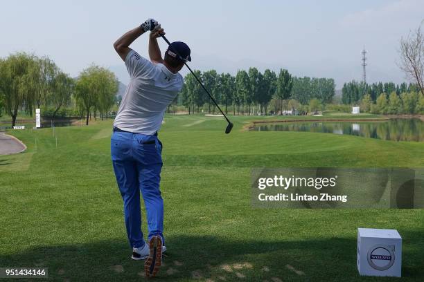 Bernd Wiesberger of Austria plays a shot during the first round of the 2018 Volvo China Open at Topwin Golf and Country Club on April 26, 2018 in...
