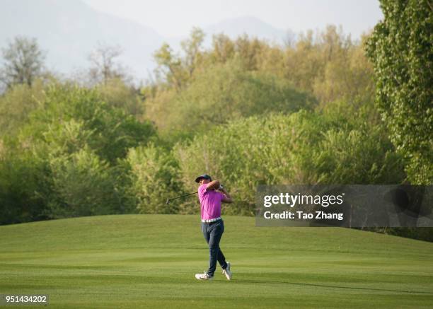 Thorbjorn Olesen of Denmark plays a shot during the first round of the 2018 Volvo China open at Beijing Huairou Topwin Golf and Country Club on April...