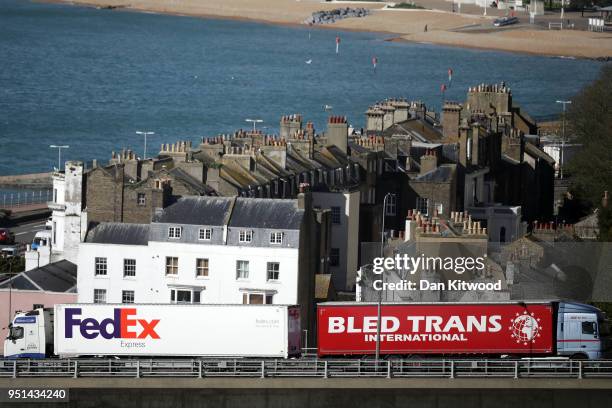 Lorries arrive and depart from Dover Ferry Terminal on April 26, 2018 in Dover, England. After speeking to a parliamentary committee of lawmakers, UK...