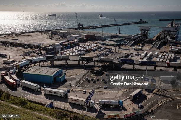Lorries arrive and depart from Dover Ferry Terminal on April 26, 2018 in Dover, England. After speeking to a parliamentary committee of lawmakers, UK...