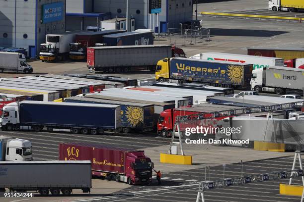 Lorries are directed as they arrive and depart from Dover Ferry Terminal on April 26, 2018 in Dover, England. After speeking to a parliamentary...