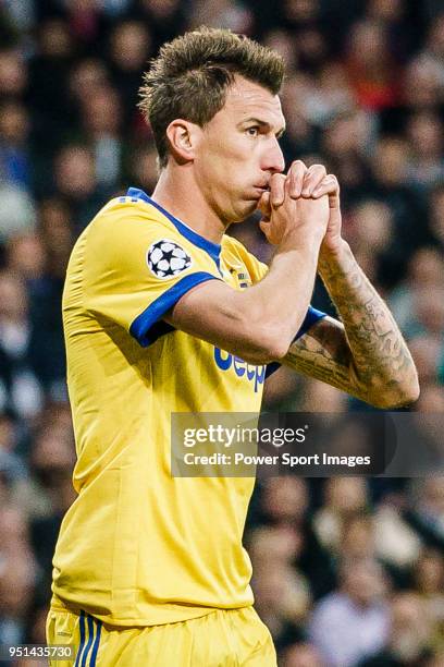 Mario Mandzukic of Juventus reacts during the UEFA Champions League 2017-18 quarter-finals match between Real Madrid and Juventus at Estadio Santiago...