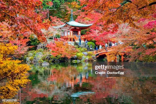 tourists enjoy red maple sightseeing at bentendo hall of daigoji temple - daigoji stock pictures, royalty-free photos & images
