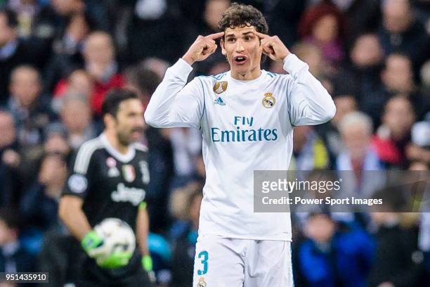 Jesus Vallejo Lazaro of Real Madrid reacts during the UEFA Champions League 2017-18 quarter-finals match between Real Madrid and Juventus at Estadio...