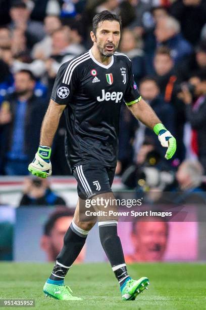 Goalkeeper Gianluigi Buffon of Juventus leaves the pitch after been sent off during the UEFA Champions League 2017-18 quarter-finals match between...