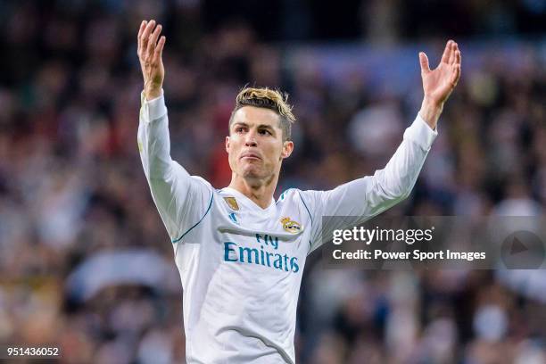 Cristiano Ronaldo of Real Madrid celebrates his side going through to the Semi-Finals of the UEFA Champions League after the UEFA Champions League...