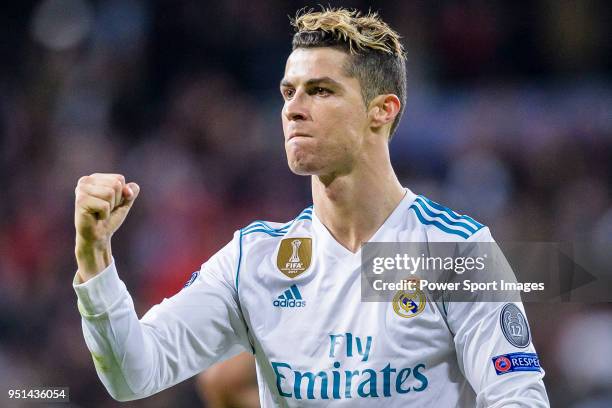 Cristiano Ronaldo of Real Madrid celebrates his side going through to the Semi-Finals of the UEFA Champions League after the UEFA Champions League...