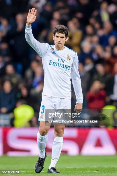 Jesus Vallejo Lazaro of Real Madrid celebrates his side going through to the Semi-Finals of the UEFA Champions League after the UEFA Champions League...