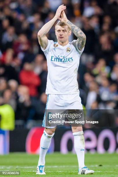 Toni Kroos of Real Madrid celebrates his side going through to the Semi-Finals of the UEFA Champions League after the UEFA Champions League 2017-18...