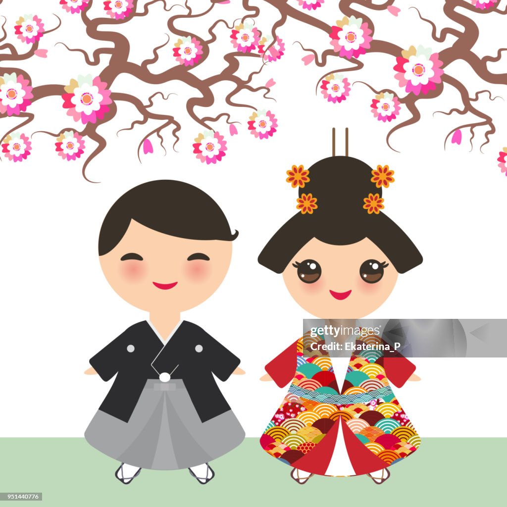 Japanese Boy Girl In National Costume Kimono Cartoon Children In  Traditional Dress Sakura Flowers Blossom Pink Cherry Tree Brown Branches  Card Banner Design Pastel Colors On White Background Vector High-Res Vector  Graphic -