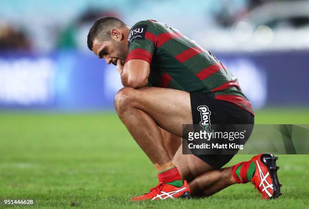 Greg Inglis of the Rabbitohs looks dejected at fulltime during the NRL round eight match between the South Sydney Rabbitohs and the Brisbane Broncos...