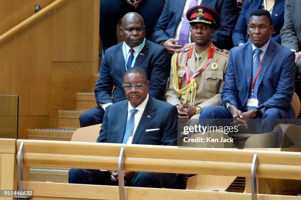 President of Malawi Peter Mutharika in the gallery of the Scottish Parliament during a visit to the Parliament, , on April 26, 2018 in Edinburgh,...