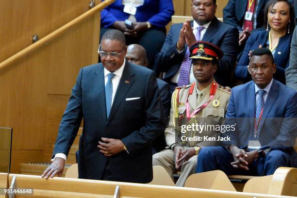 President of Malawi Peter Mutharika bows from the gallery of the Scottish Parliament in acknowledgment of applause by MSPs, during a visit to the...