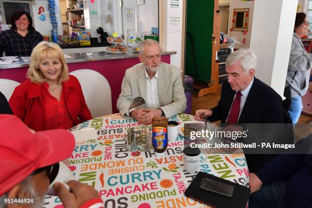 Labour leader Jeremy Corbyn and shadow chancellor John McDonnell having a bit to eat while canvassing in the Com.Cafe. West Drayton, London ahead of...