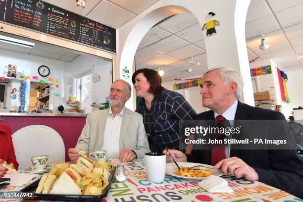 Labour leader Jeremy Corbyn and shadow chancellor John McDonnell having a bit to eat while canvassing in the Com.Cafe. West Drayton, London ahead of...