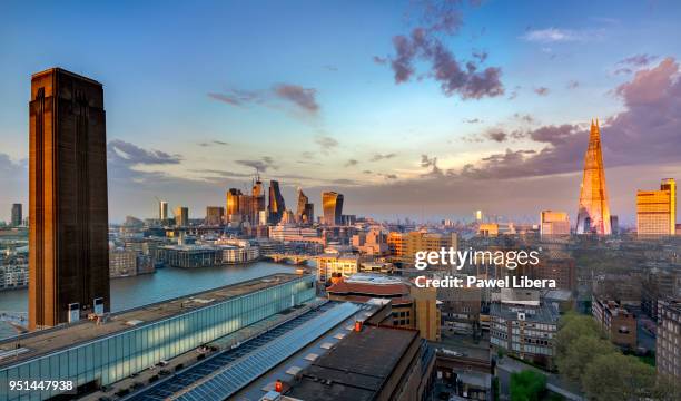 the city of london skyline and river thames seen from tate modern art gallery at sunset. - tate modern stock pictures, royalty-free photos & images