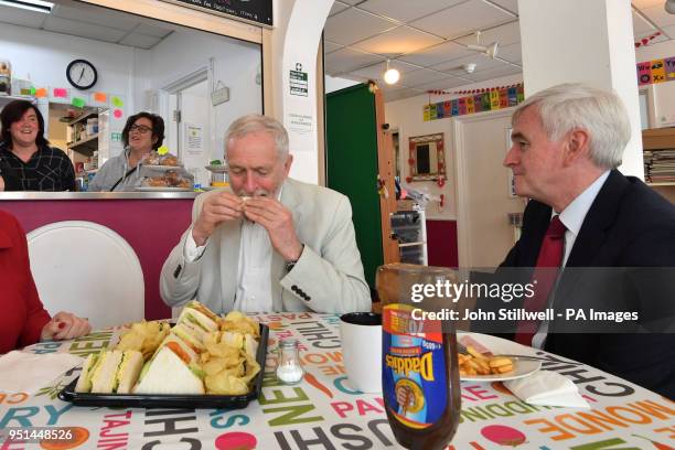 Labour leader Jeremy Corbyn and shadow chancellor John McDonnell having a bit to eat while canvassing in the Com.Cafe. West Drayton, London ahead of...