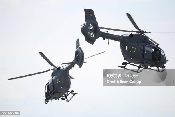 Two Airbus H145M LUH helicopters of the Bundeswehr, the German armed forces, participte in a special forces simulation of capabilities at the ILA...