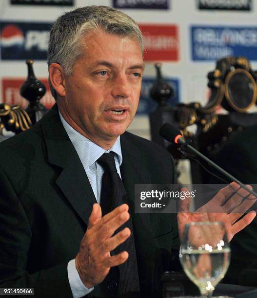 International Cricket Council acting chief executive Dave Richardson gestures as he addresses during a launch ceremony in Lahore on June 18, 2008....