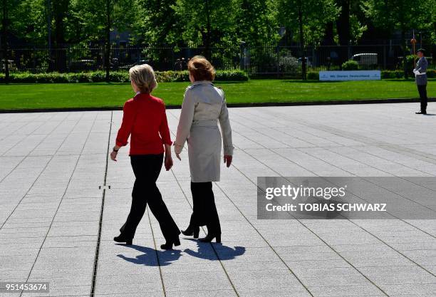 German Defence Minister Ursula von der Leyen and her French counterpart Florence Parly attend a welcoming ceremony at the Defence Ministry in Berlin...