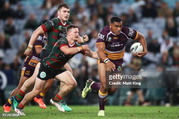 Tevita Pangai of the Broncos makes a break during the NRL round eight match between the South Sydney Rabbitohs and the Brisbane Broncos at ANZ...