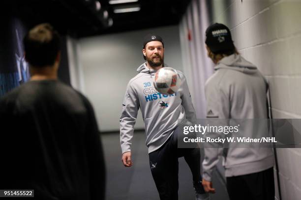 Aaron Dell of the San Jose Sharks warms up by kicking around a soccer ball prior to the game against the Anaheim Ducks in Game Four of the Western...