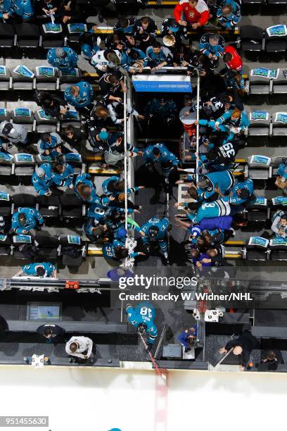 Tomas Hertl, Justin Braun and Evander Kane of the San Jose Sharks exit the tunnel prior to the game against the Anaheim Ducks in Game Four of the...