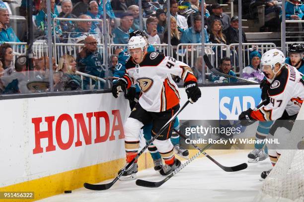 Josh Manson of the Anaheim Ducks skates after the puck against the San Jose Sharks in Game Four of the Western Conference First Round during the 2018...