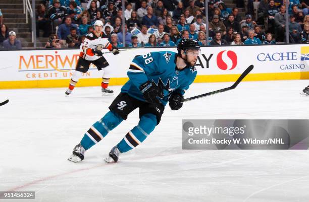 Melker Karlsson of the San Jose Sharks skates against the Anaheim Ducks in Game Four of the Western Conference First Round during the 2018 NHL...