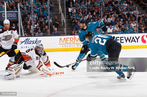 Marcus Sorensen of the San Jose Sharks scores against John Gibson of the Anaheim Ducks in Game Four of the Western Conference First Round during the...